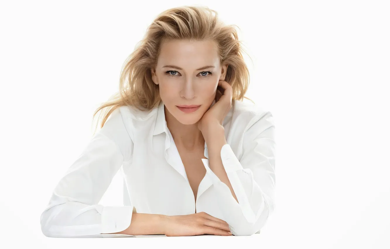 Фото обои взгляд, девушка, белый фон, белая рубашка, Cate Blanchett