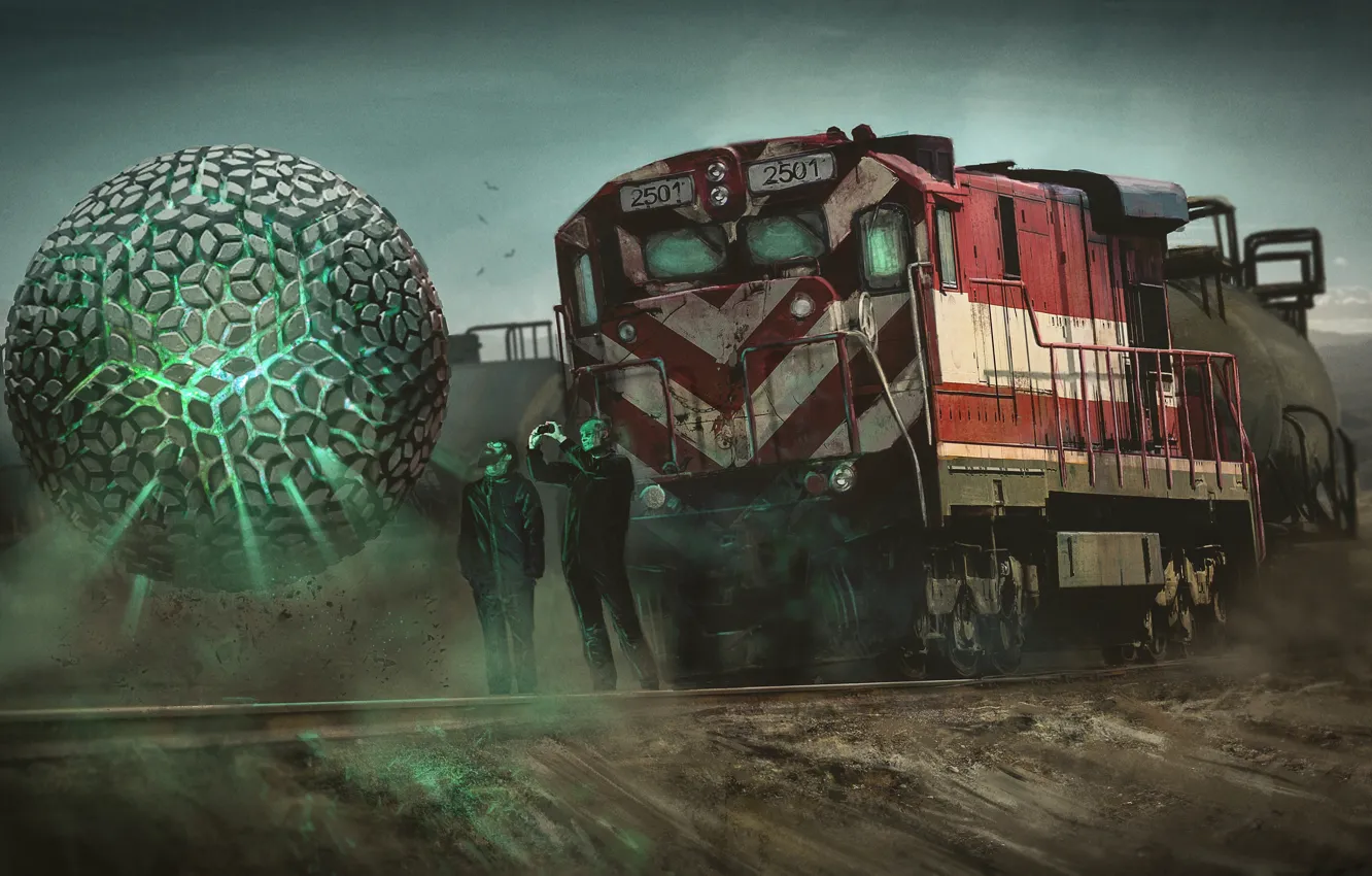 Фото обои шар, поезд, арт, локомотив, сфера, Nick Foreman