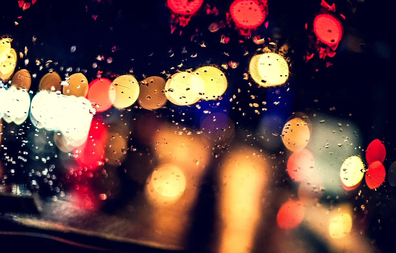 Фото обои стекло, капли, ночь, огни, дождь, размытость, боке