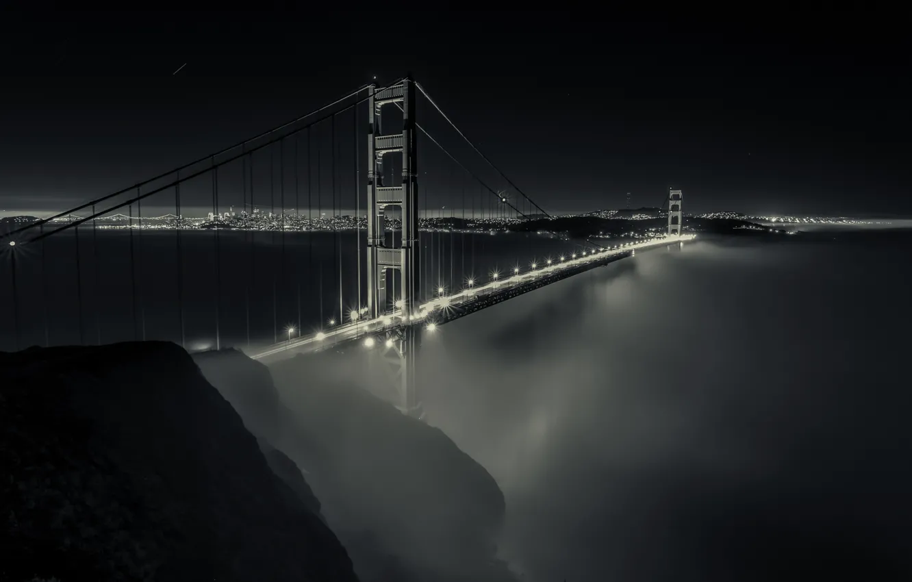 Фото обои мост, огни, туман, Калифорния, Сан-Франциско, California, San Francisco, Bay Bridge