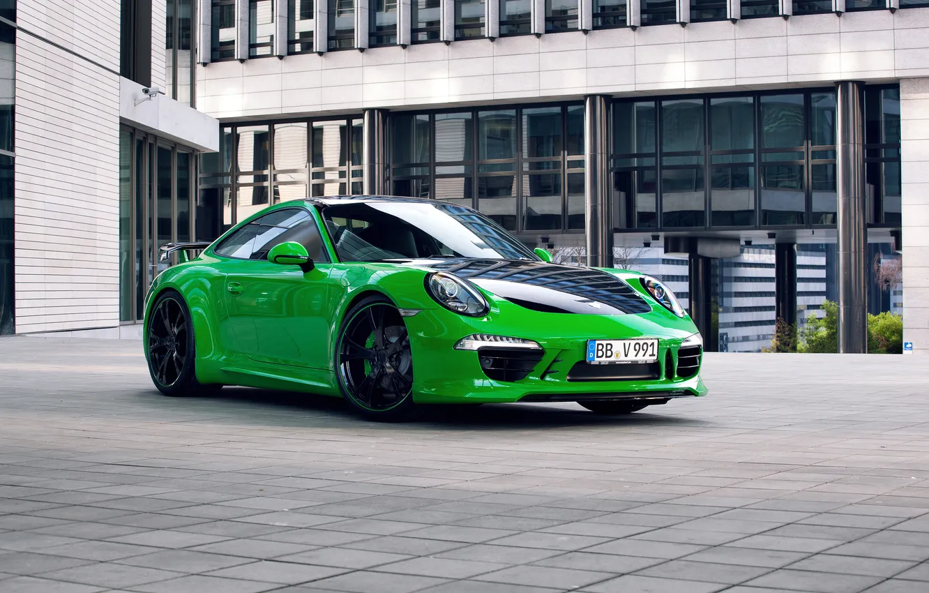 Фото обои купе, 911, Porsche, порше, зеленая, 2013, каррера, TechArt