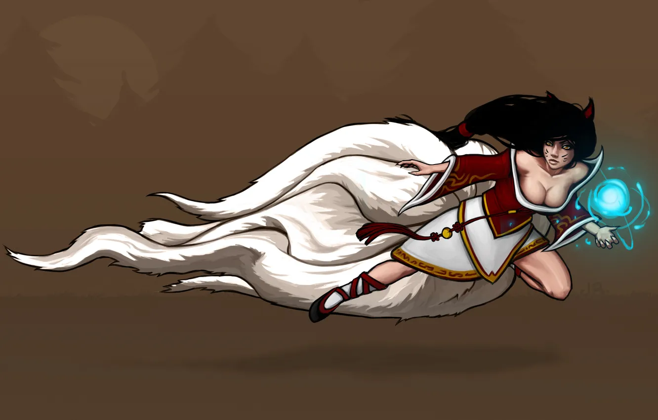 Фото обои грудь, взгляд, девушка, магия, art, лисица, League of Legends, Ahri