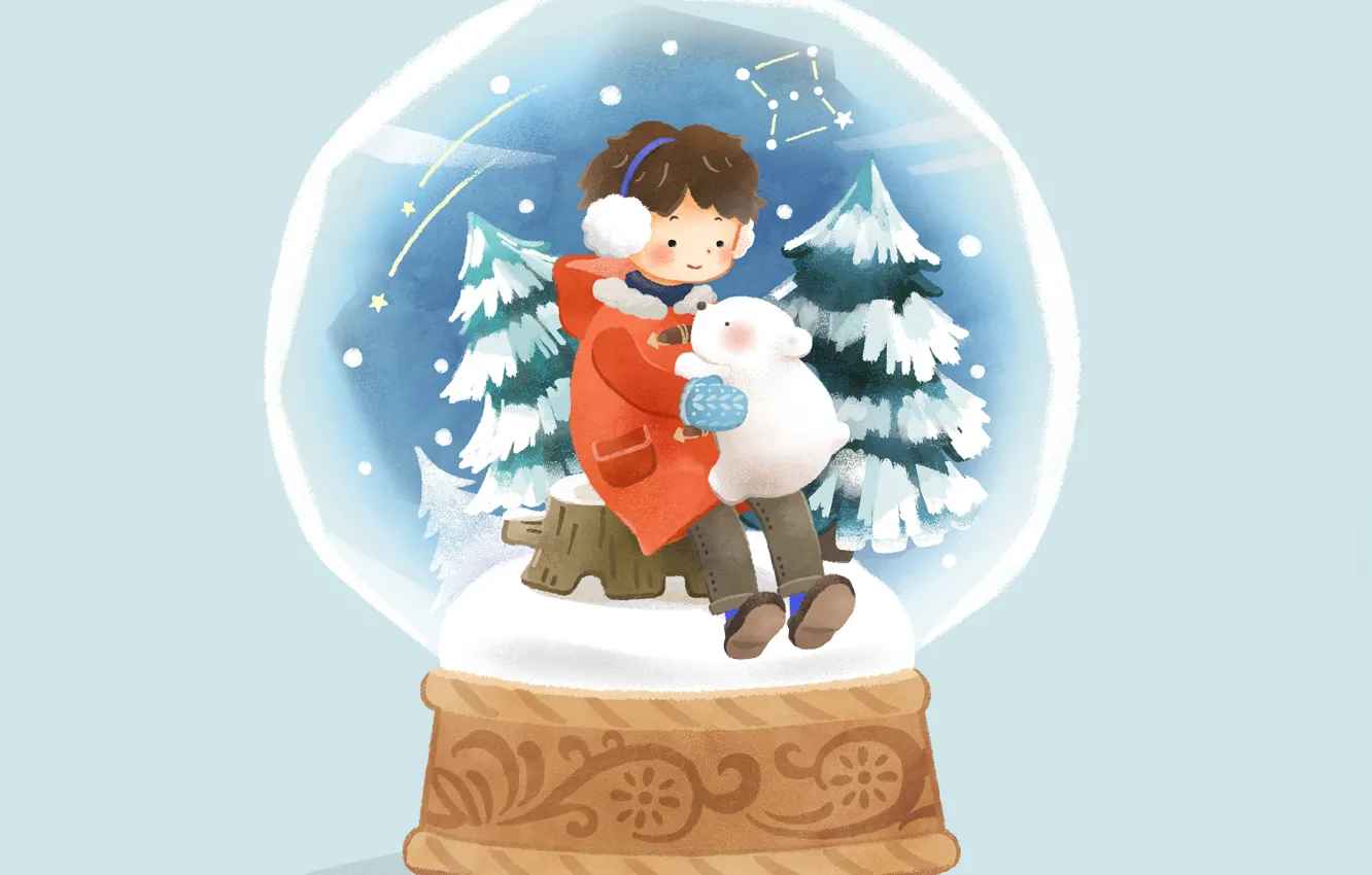 Фото обои снег, мальчик, ёлки, голубой фон, медвеженок, снежный шар, на пеньке