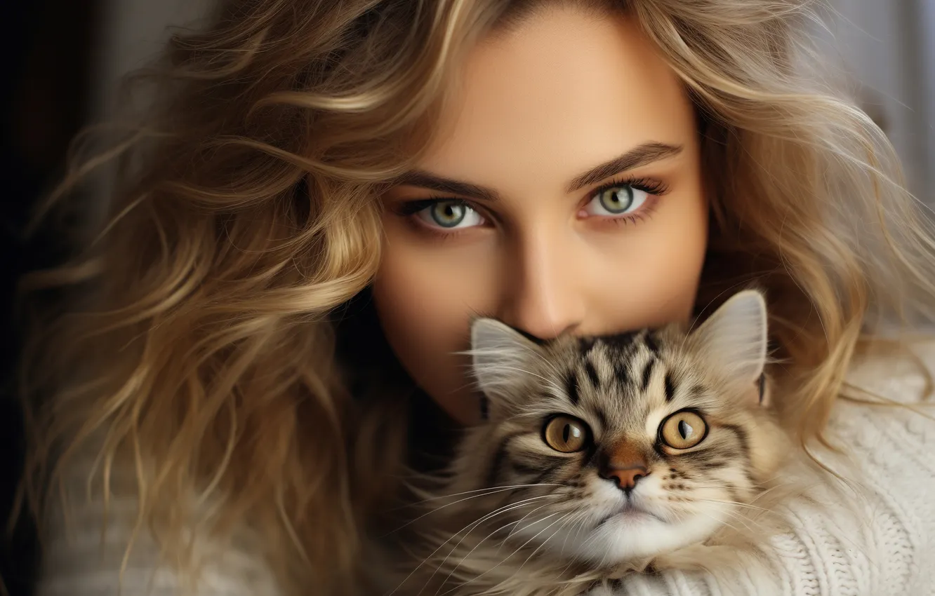 Фото обои кошка, кот, взгляд, девушка, лицо, котенок, серый, милая