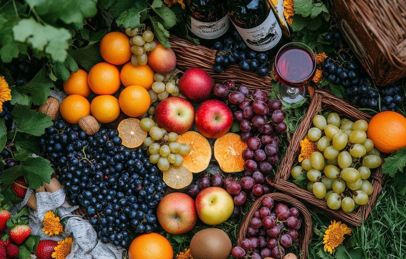 Фото обои вино, фрукты, много, ассорти, ИИ-арт, НЕЙРОСЕТЬ