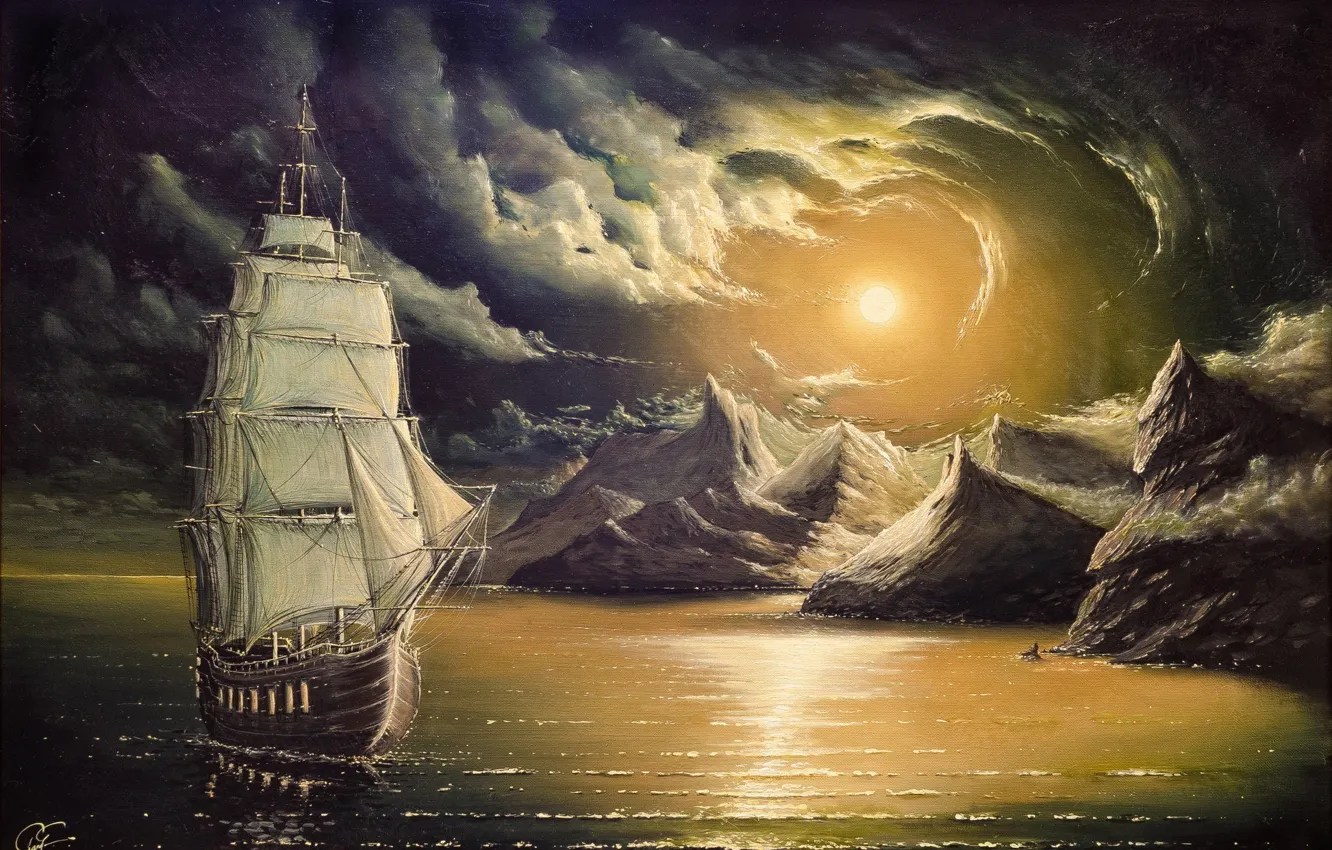 Фото обои небо, солнце, океан, скалы, берег, Море, картина, Корабль