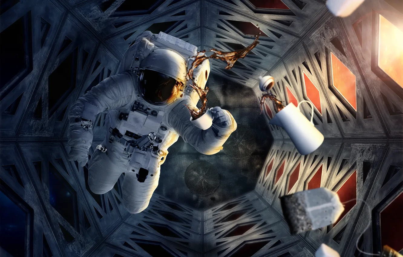 Фото обои космос, кофе, скафандр, чашка, шлем, астронавт