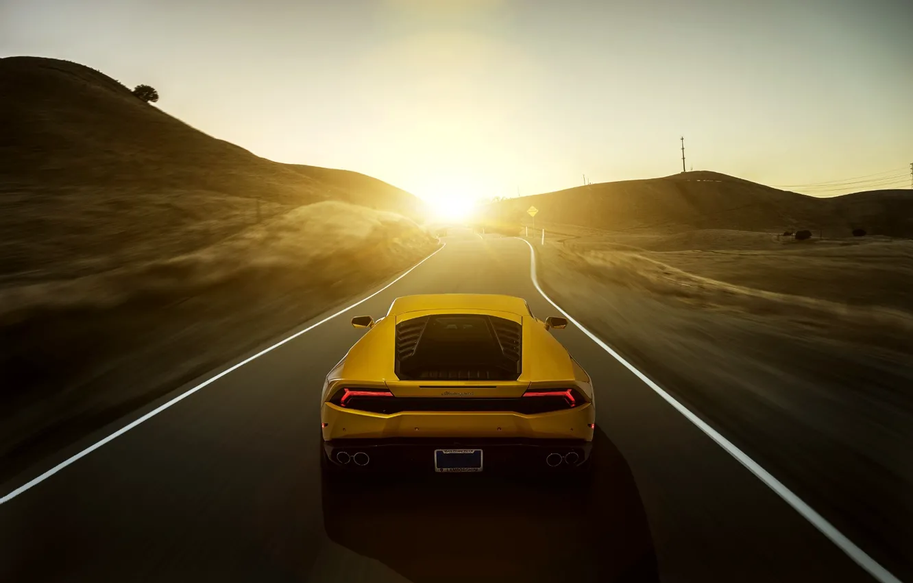 Фото обои Lamborghini, yellow, sunset, rear, LP 610-4, Huracan, LB724