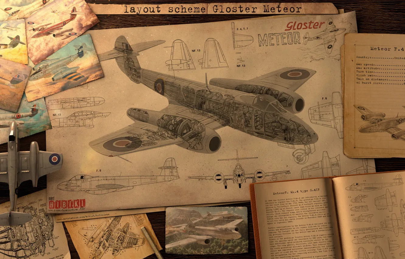 Фото обои самолёт, чертежи, журналы, layout sheme Gloster meteor