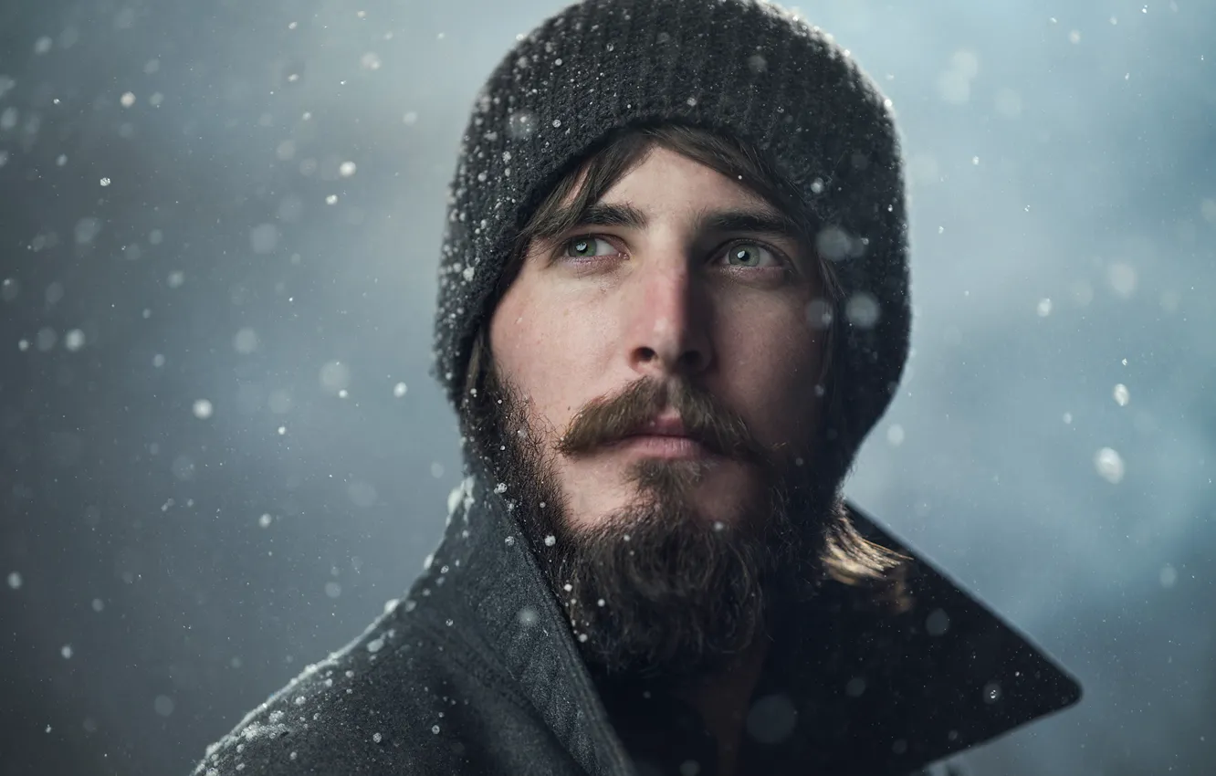 Фото обои снег, шапка, портрет, мужик