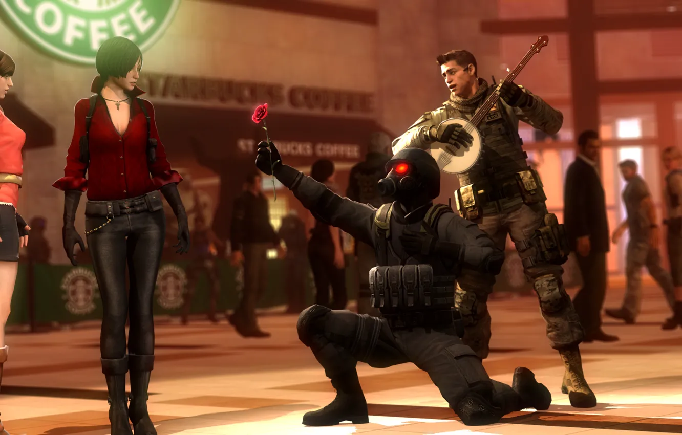 Фото обои цветок, любовь, рендеринг, гитара, resident evil, hunk, Chris Redfield, Piers Nivans