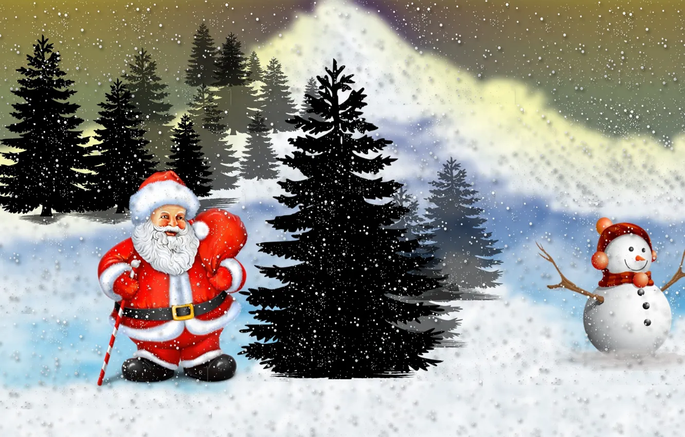 Фото обои Зима, Снег, Рождество, Новый год, Санта Клаус, Ёлки, Снеговик