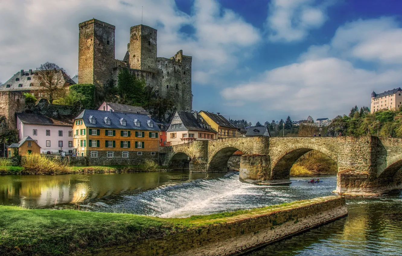 Фото обои мост, река, замок, здания, дома, Германия, Germany, Гессен