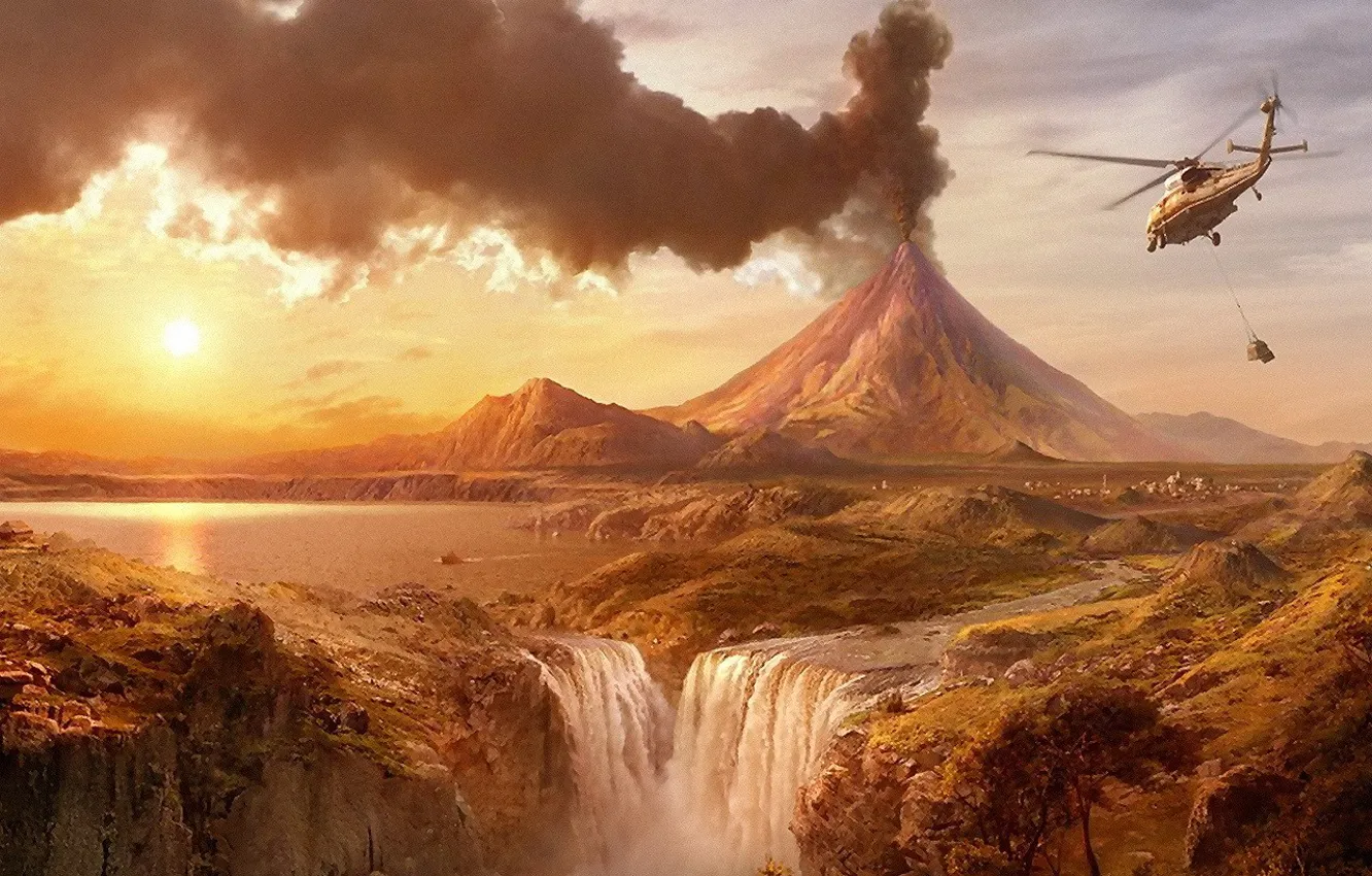 Фото обои водопад, вулкан, вертолет
