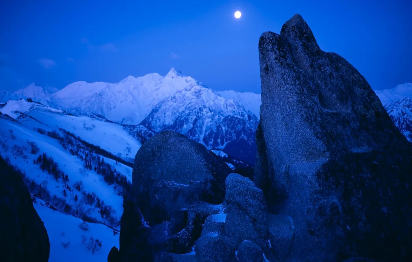 Фото обои снег, горы, луна, Зима