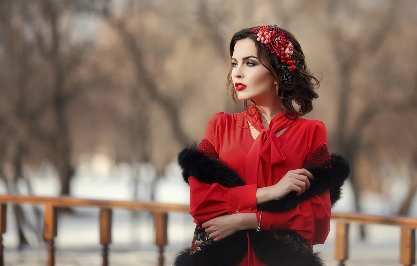 Фото обои взгляд, девушка, лицо, модель, макияж, блузка, мех, красотка