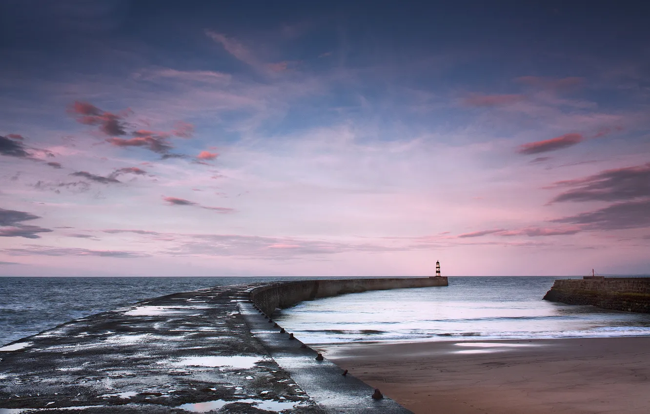 Фото обои море, закат, маяк, пирс