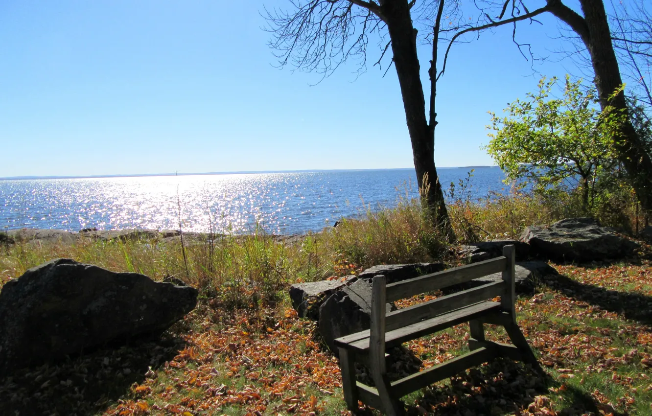 Фото обои море, осень, скамейка, природа, панорама, Nature, sea, panorama