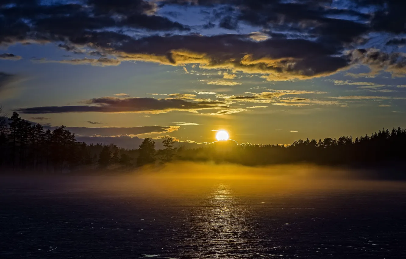 Фото обои закат, туман, озеро
