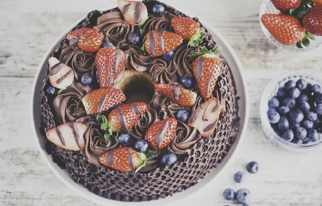 Фото обои ягоды, черника, клубника, торт