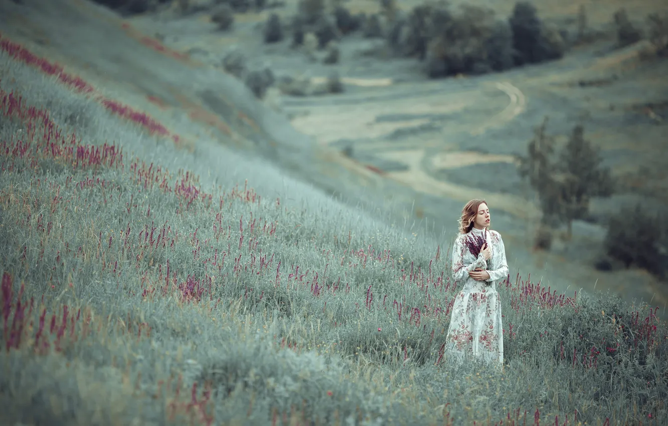Фото обои трава, девушка, цветы, холм, пригорок, Violet tale