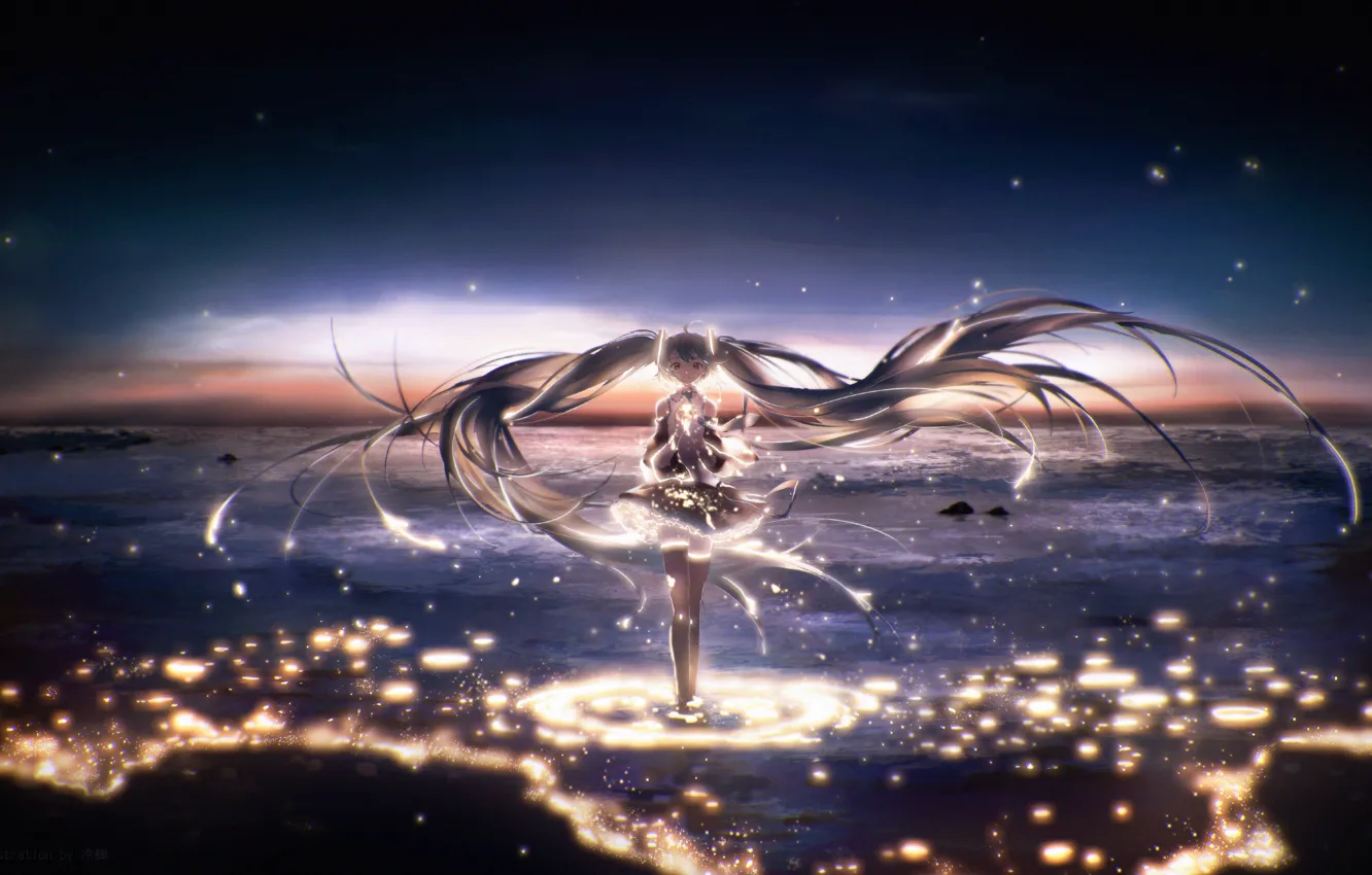 Фото обои море, девушка, звезды, ночь, Hatsune Miku, Vocaloid