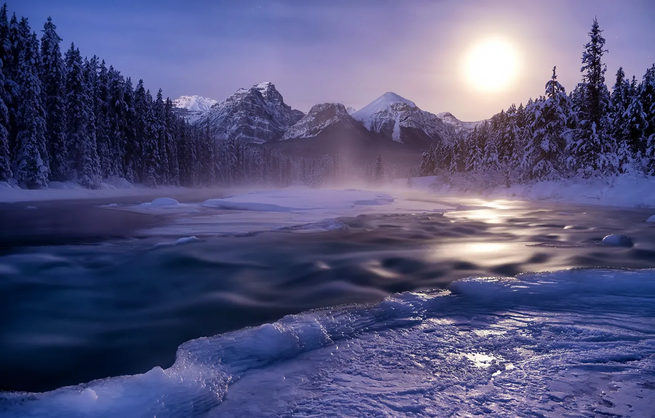 Фото обои зима, закат, река, лёд