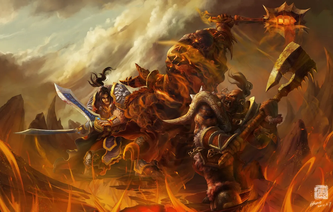Фото обои скалы, огонь, WoW, World of Warcraft, воины, схватка