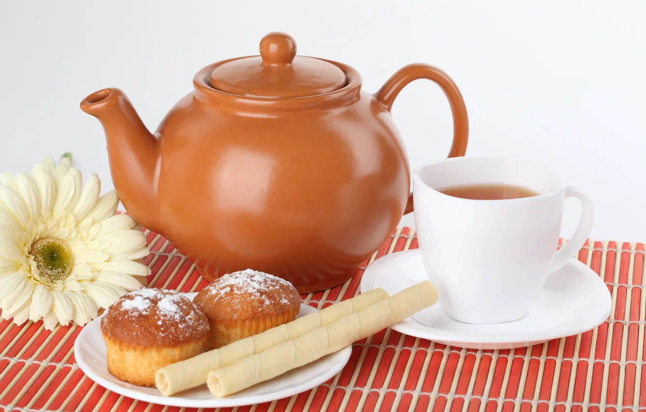 Фото обои цветок, чай, чайник, чашка, трубочки, кексы