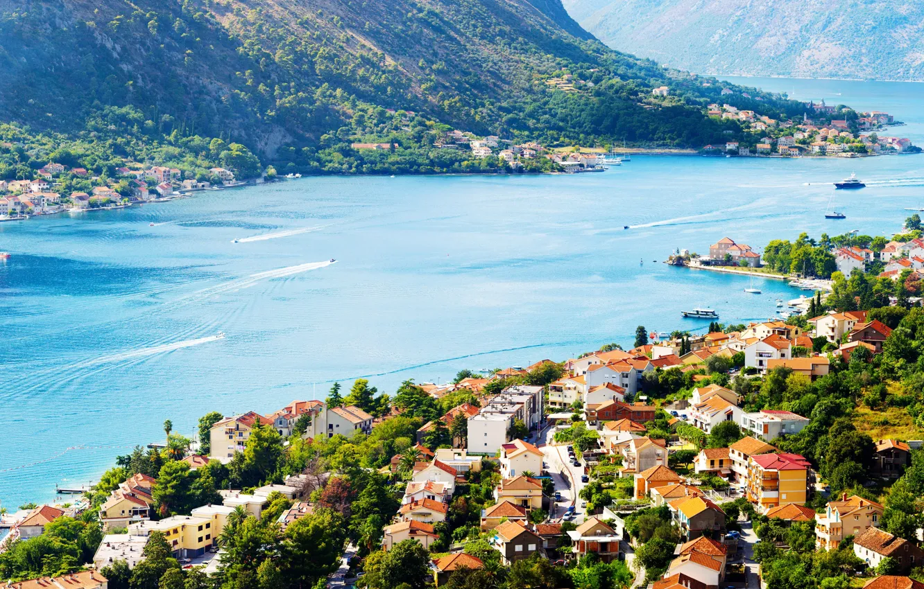 Фото обои Дома, Город, Залив, Корабли, Черногория, Kotor, Boka Kotorska