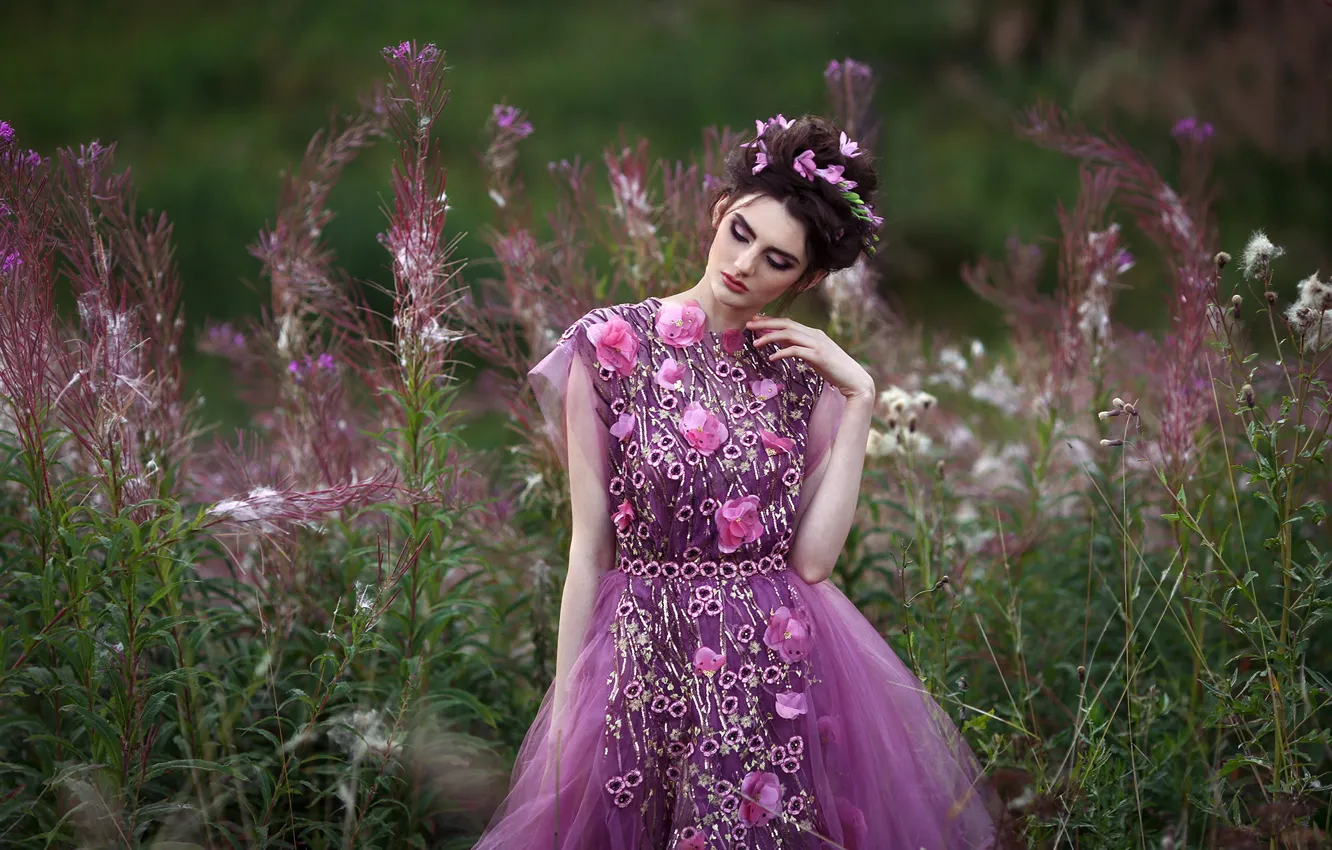 Фото обои поле, девушка, цветы, природа, настроение, ситуация, платье, прическа
