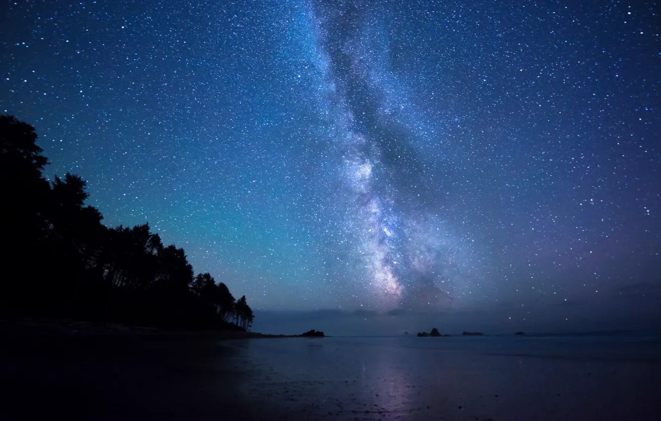 Фото обои море, звезды, ночь, берег, млечный путь, звездное небо