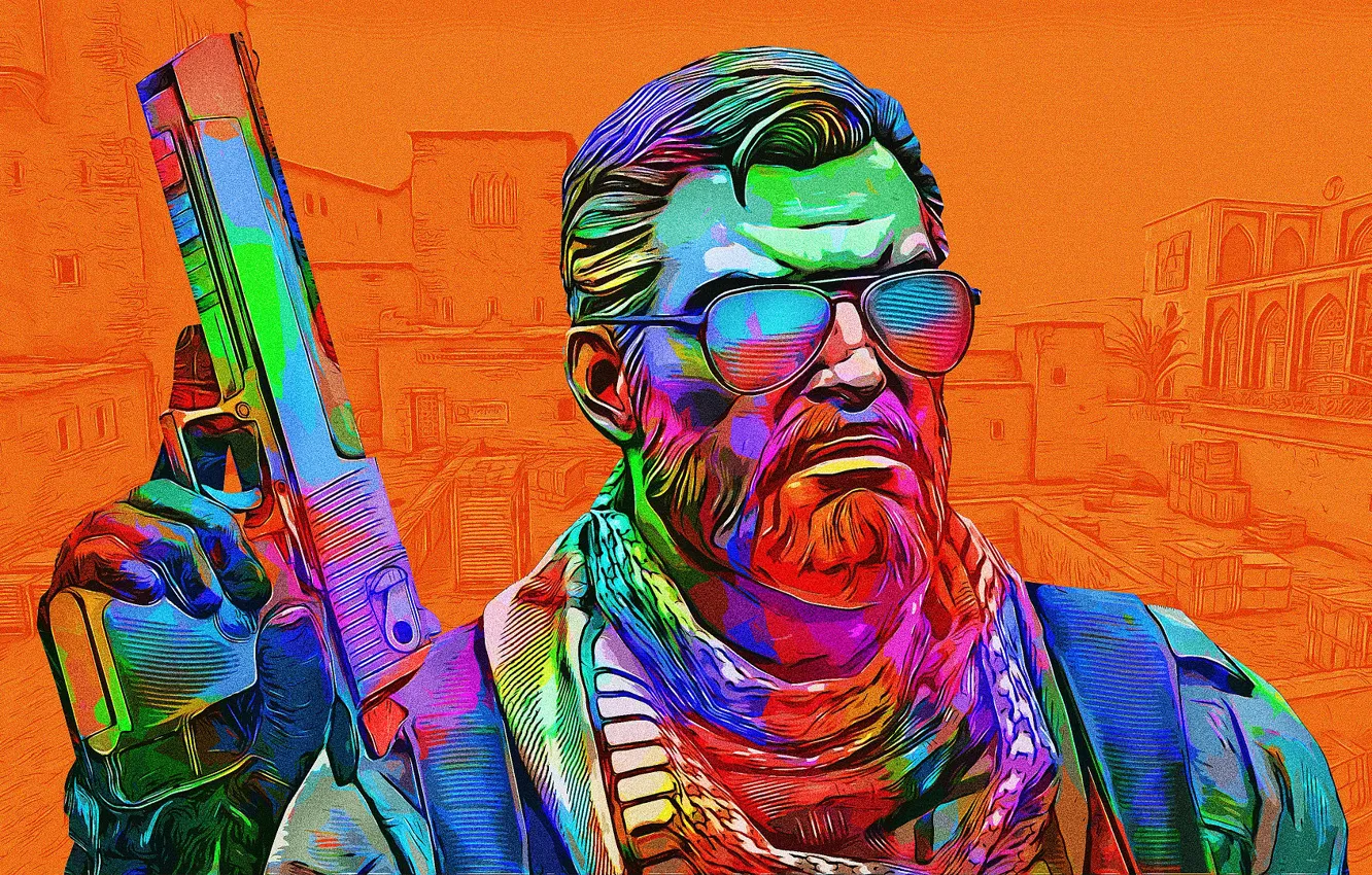 Фото обои пистолет, оружие, цвет, мужик, очки, ярко, Counter-Strike: Global Offensive
