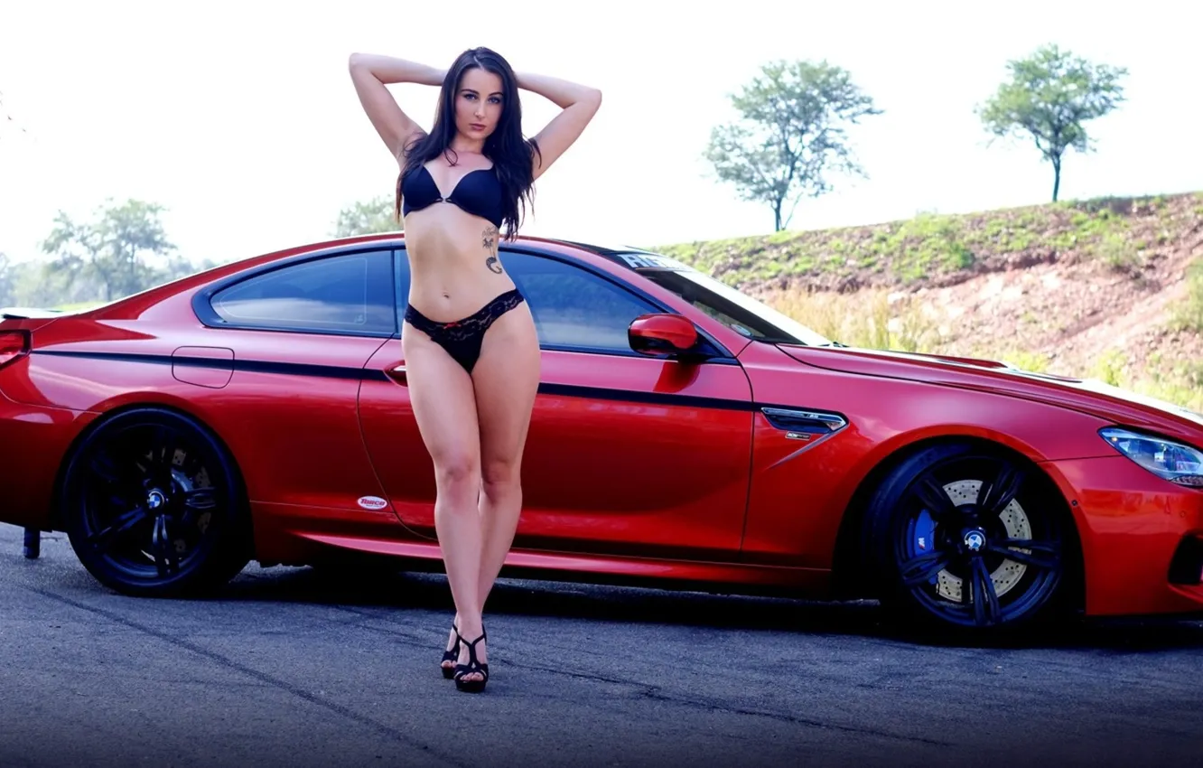 Фото обои взгляд, BMW, бельё, Эротика, красивая девушка, машына, красный авто, позирует над машиной