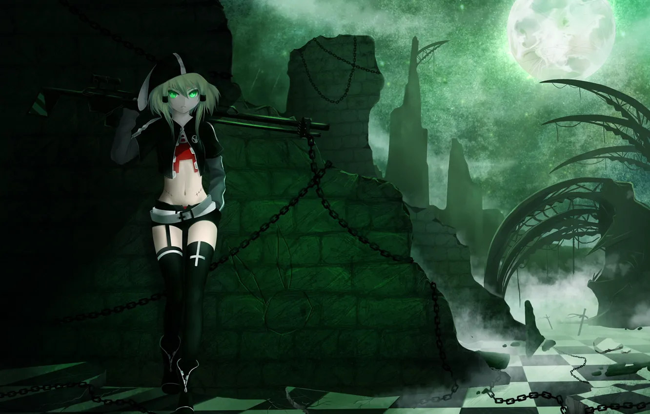 Фото обои dark, Moon, green eyes, anime, anime girl