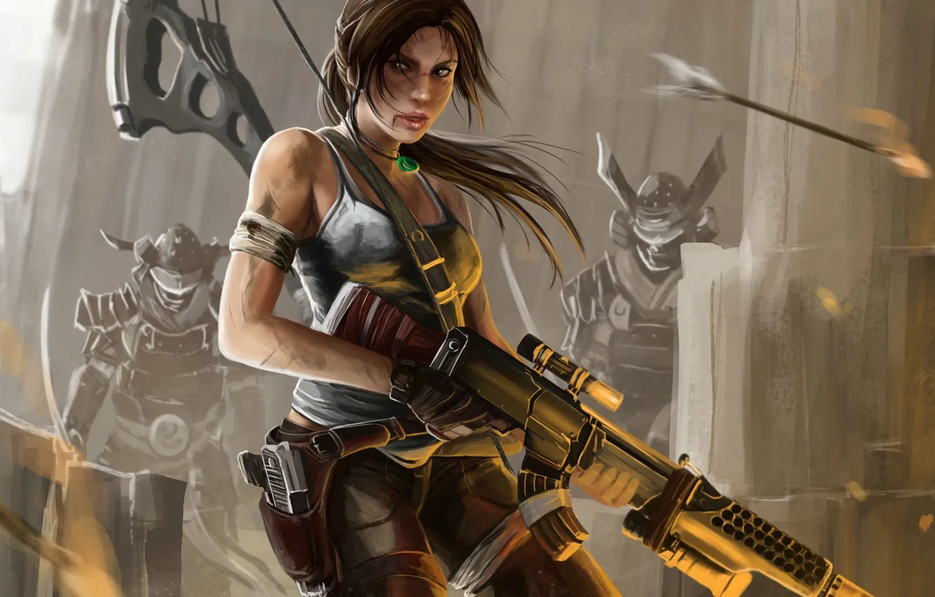 Фото обои девушка, лук, арт, автомат, стрела, tomb raider, Lara Croft, враги