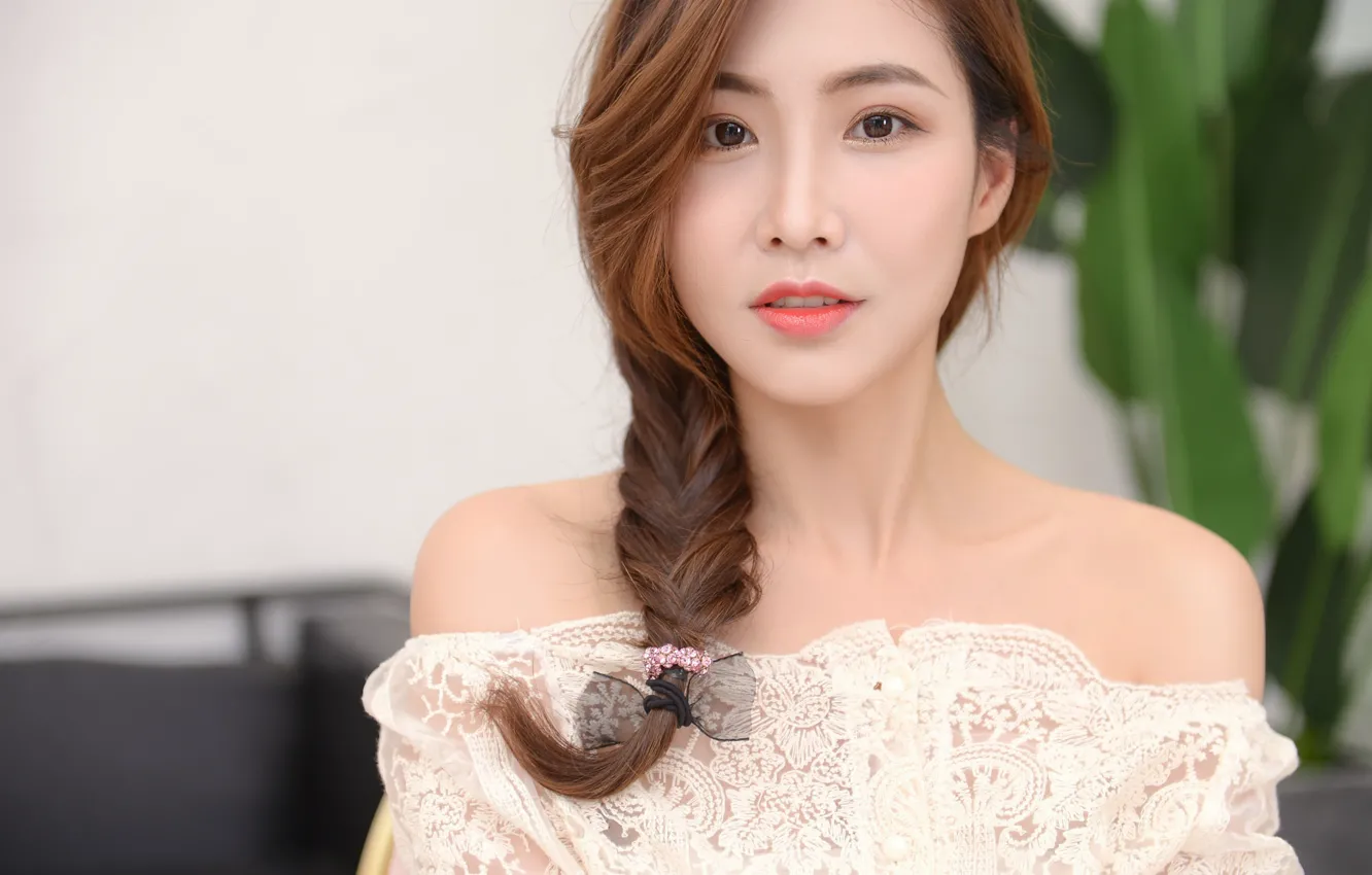 Фото обои girl, Asian, dress, brown hair, brown eyes, photo, model, braid
