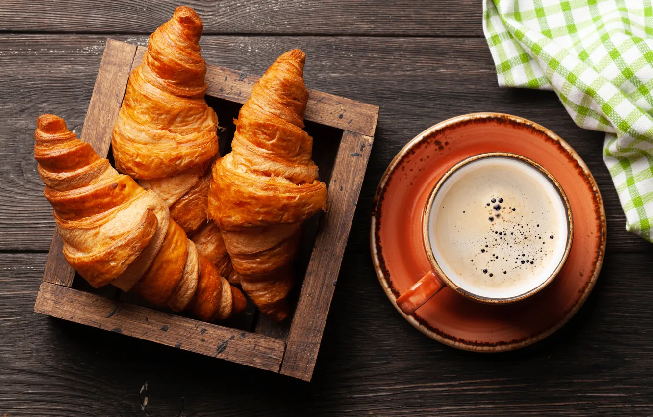 Фото обои кофе, завтрак, чашка, выпечка, coffee cup, круассаны, croissant, breackfast