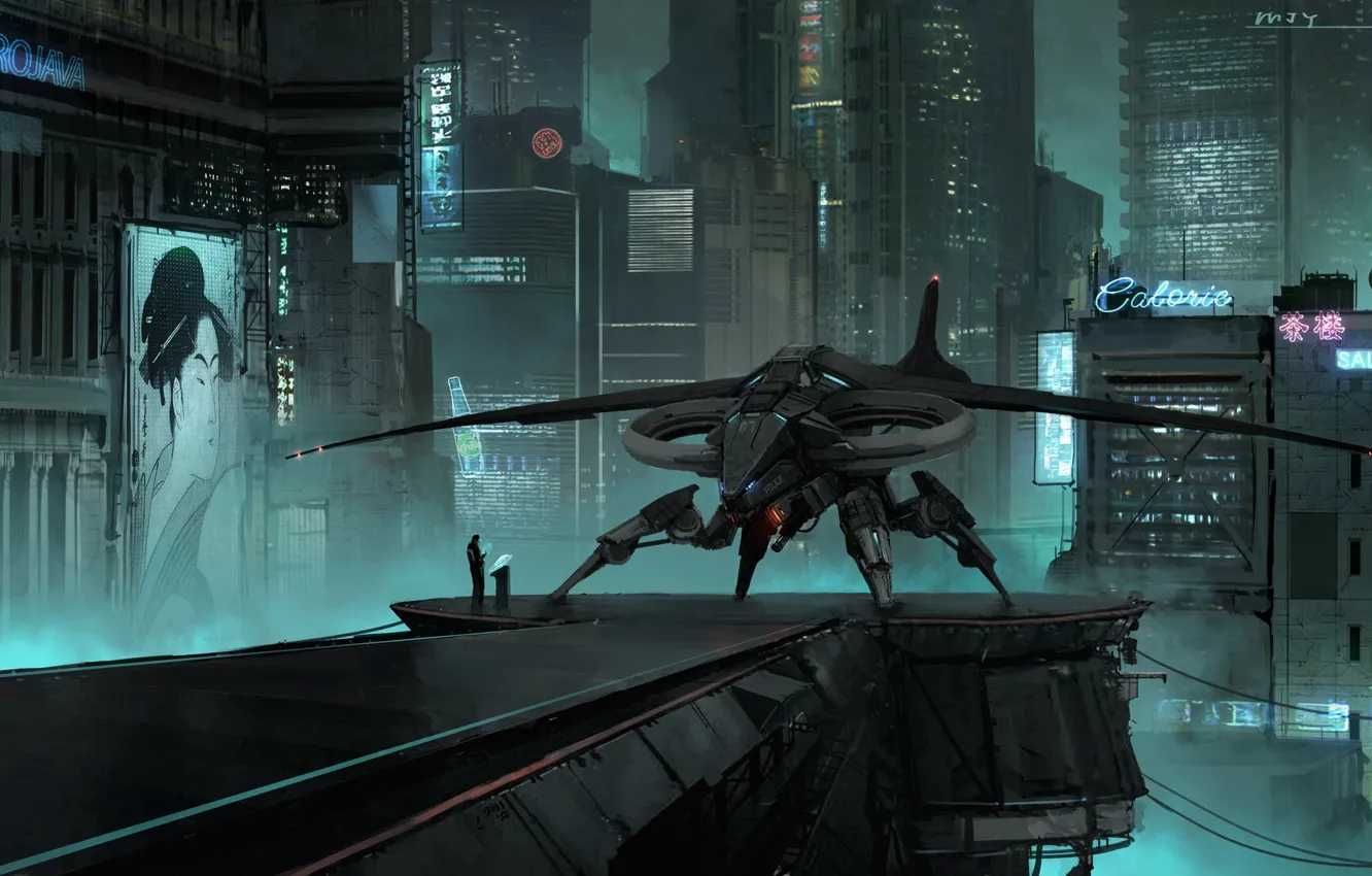 Фото обои город, фантастика, корабль, арт, sci-fi, Cyberpunk