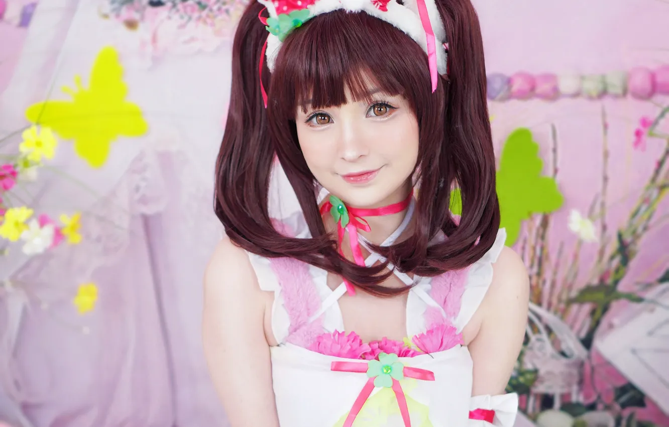 Фото обои girl, blouse, brown hair, smile, beautiful, twintails, ribbons, short hair