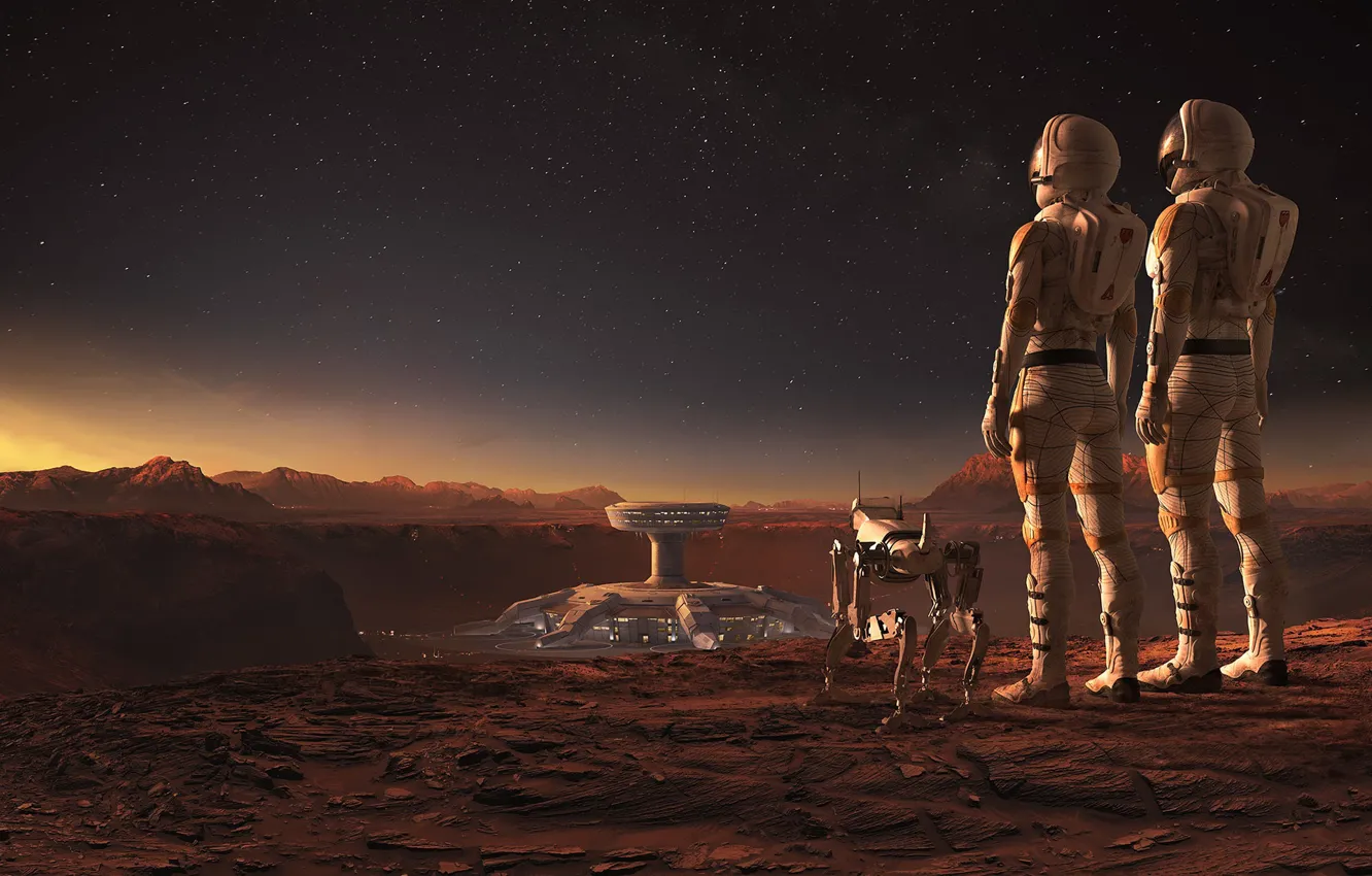 Фото обои ландшафт, робот, сооружение, космонавты, Mars WIRED, Jacek Irzykowski
