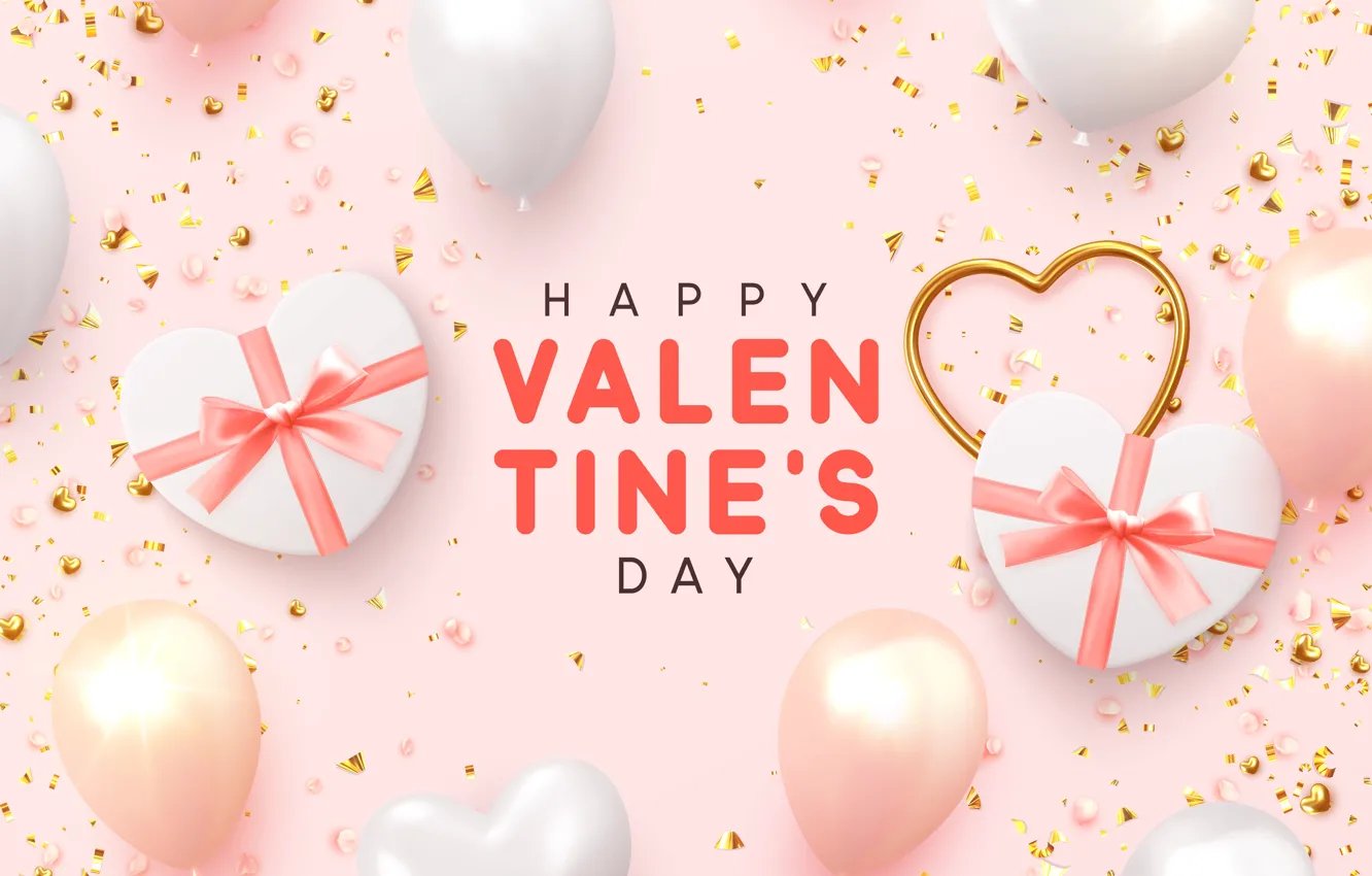 Фото обои шарики, фон, розовый, подарки, сердечки, Valentines Day