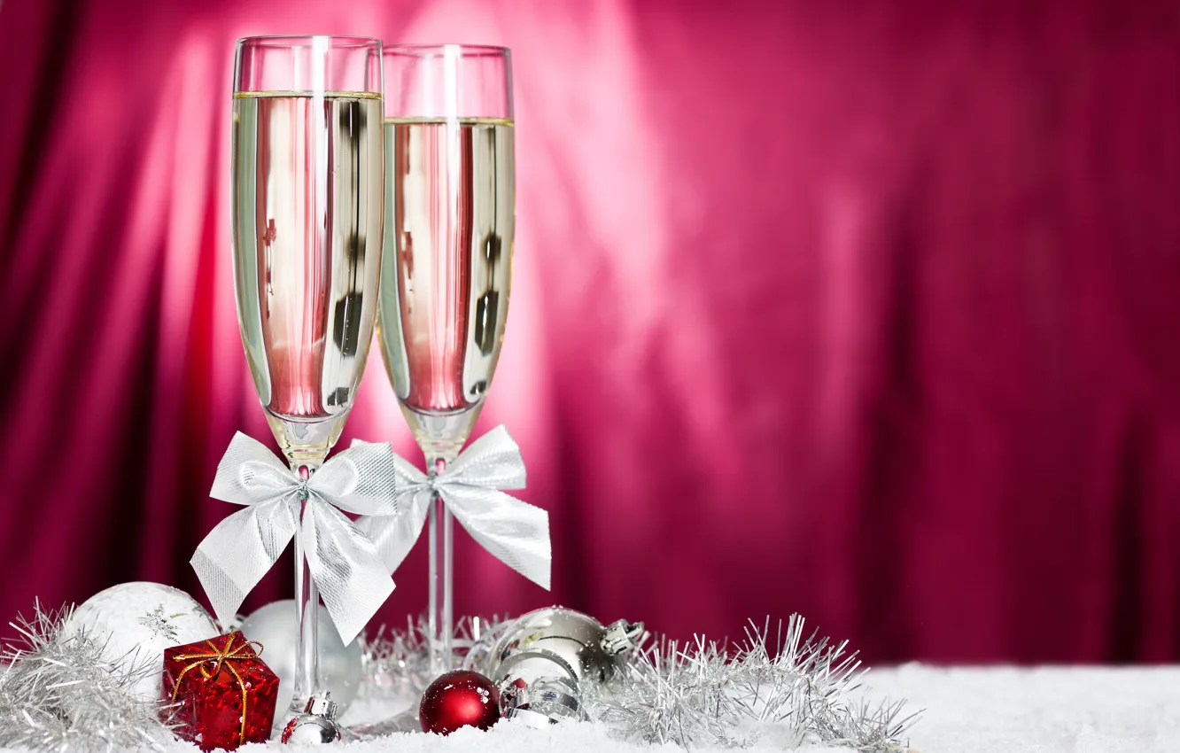 Фото обои шарики, Новый Год, бокалы, бантики, шампанское