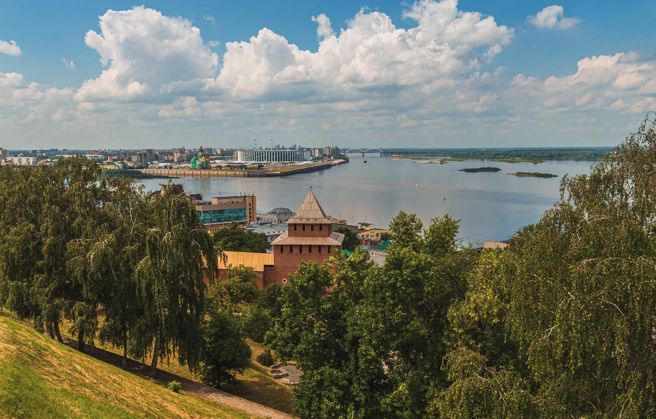 Фото обои лето, небо, солнце, деревья, город, река, Стрелка, кремль