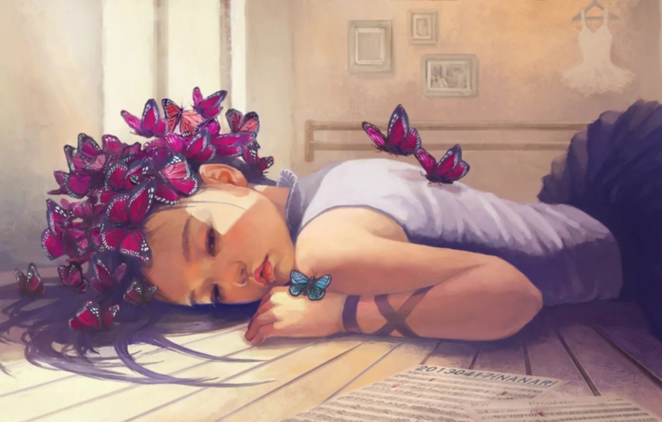 Фото обои девушка, бабочки, ноты, платье, арт, листы, картины, лежит, вешалка, osame