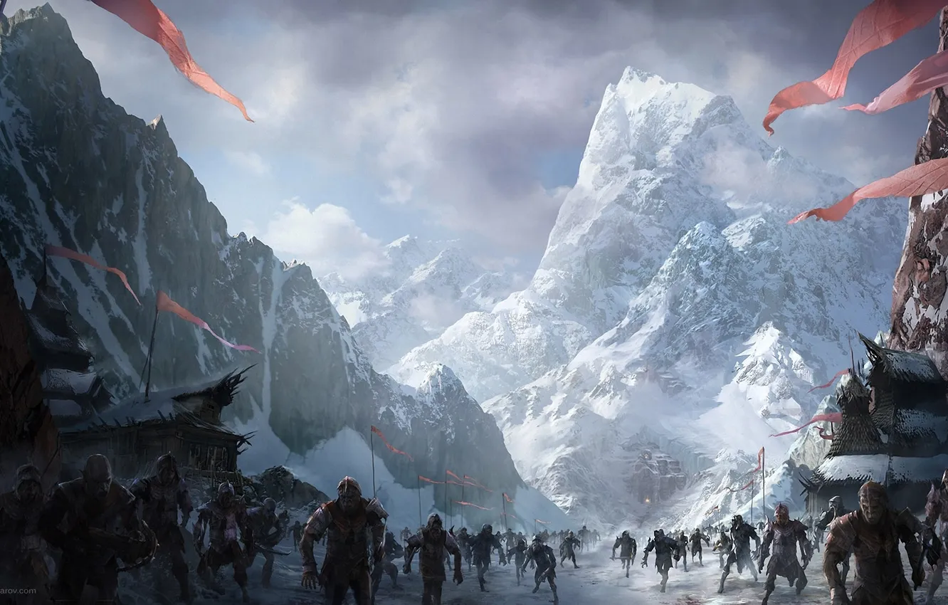Фото обои снег, горы, арт, битва, орки, Lord of The Rings, War In The North, Ilya Nazarov