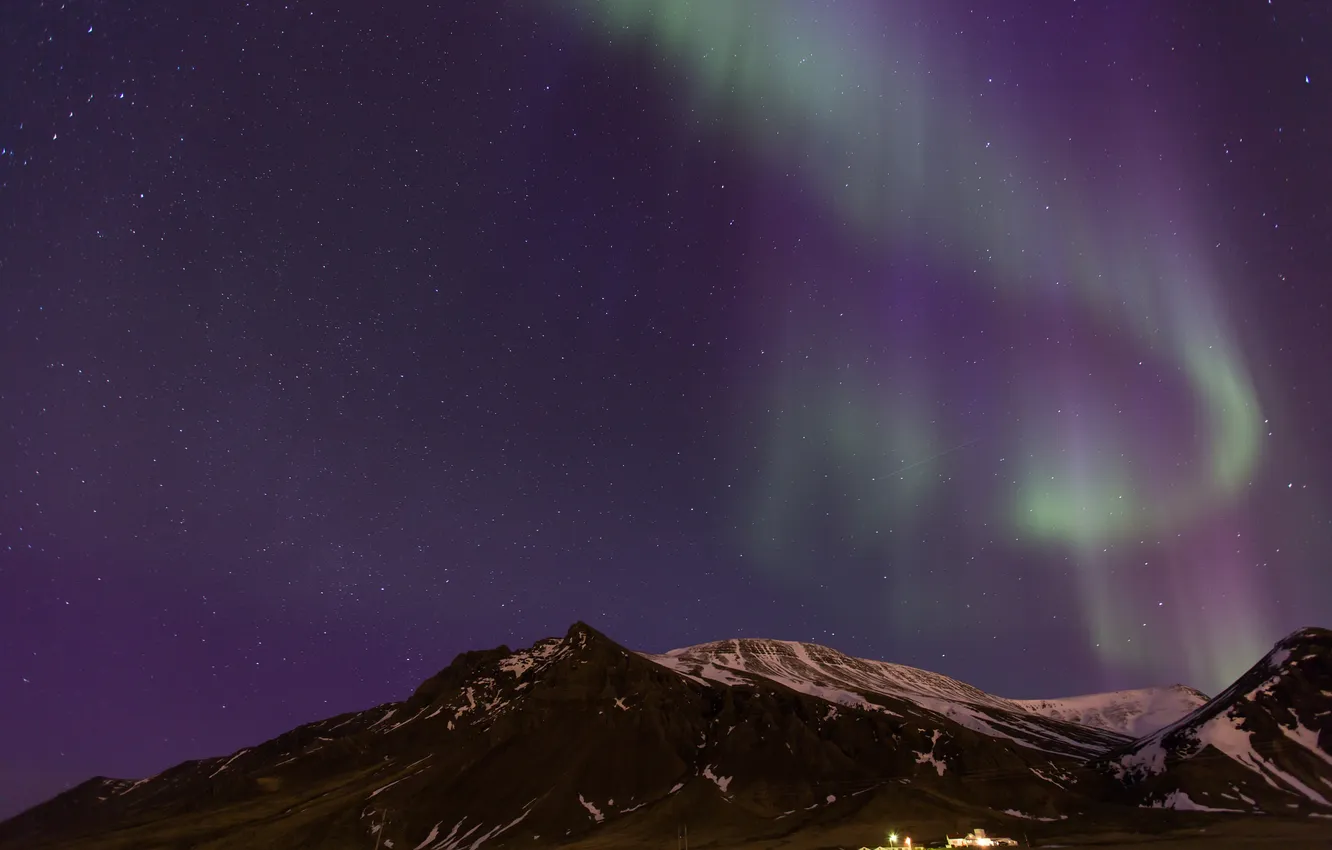 Фото обои звезды, горы, ночь, северное сияние, Исландия