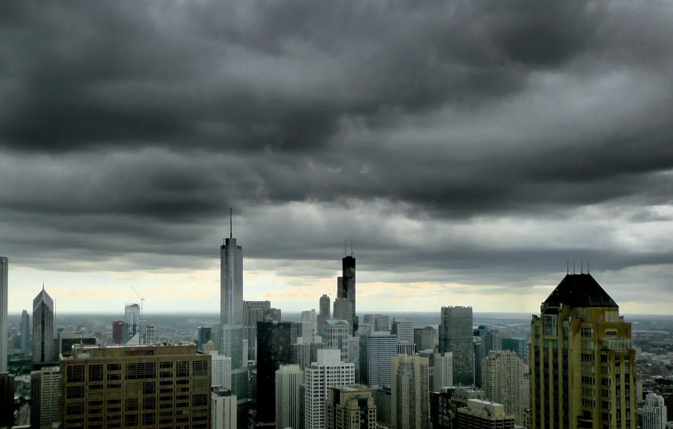 Фото обои тучи, город, небоскребы, чикаго, высотки, chicago