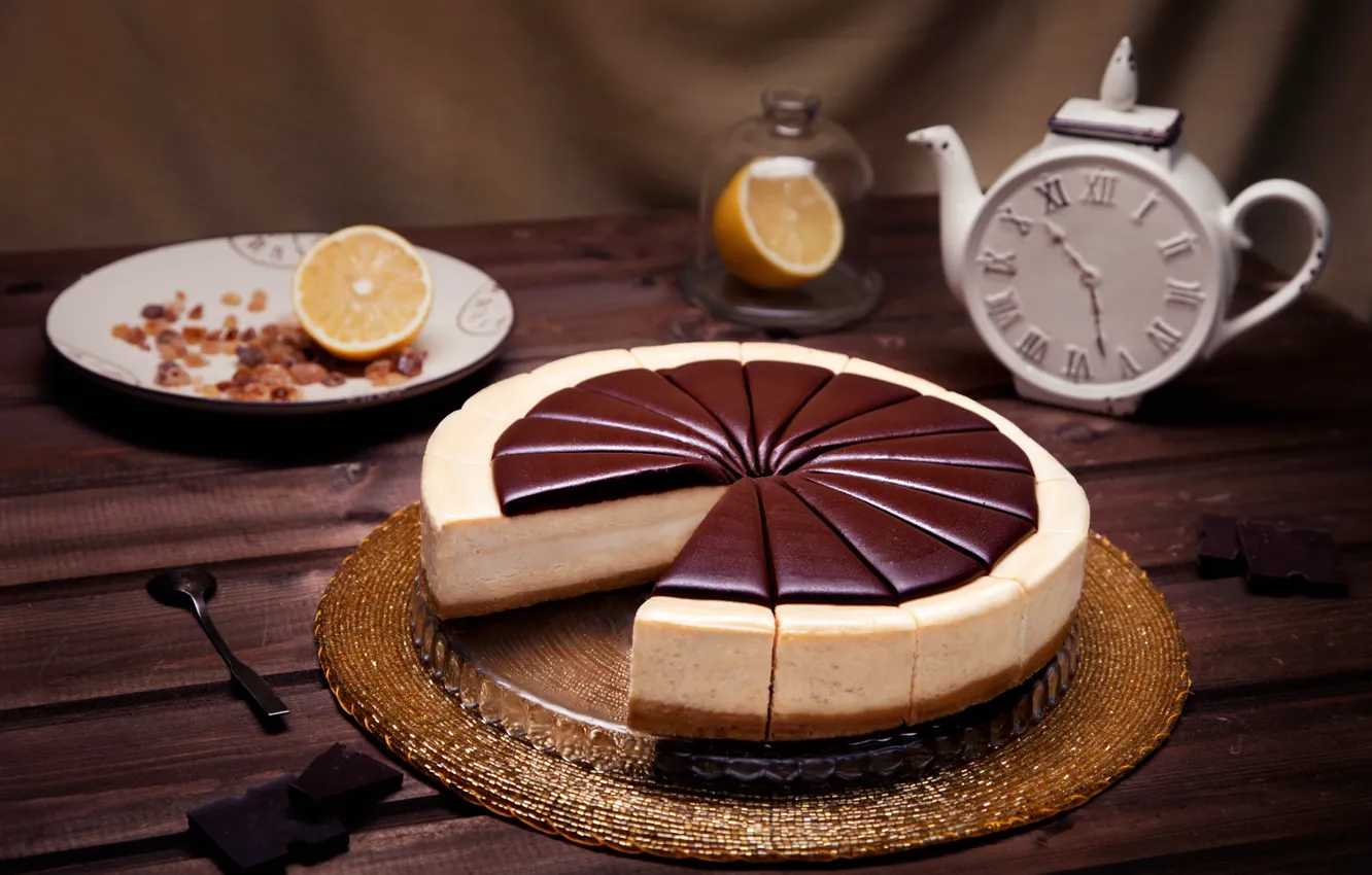 Фото обои лимон, часы, шоколадный, творог, чизкейк