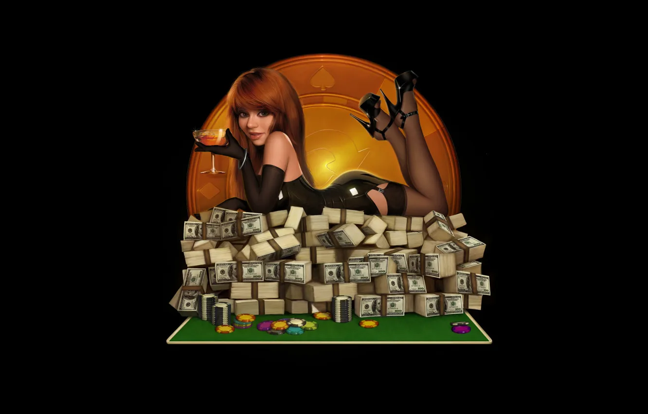 Фото обои девушка, бокал, деньги, чулки, фишки, латекс, доллары, казино